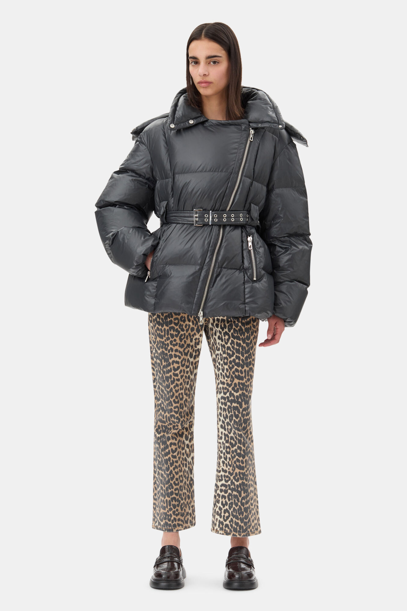 Black Shiny Nylon Puffer Jacket, Nylon, in colour Black Sand - 2 - GANNI