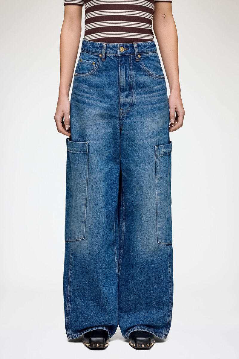 Weite Baggy-Jeans aus festem Denim, Organic Cotton, in colour Mid Blue Stone - 1 - GANNI