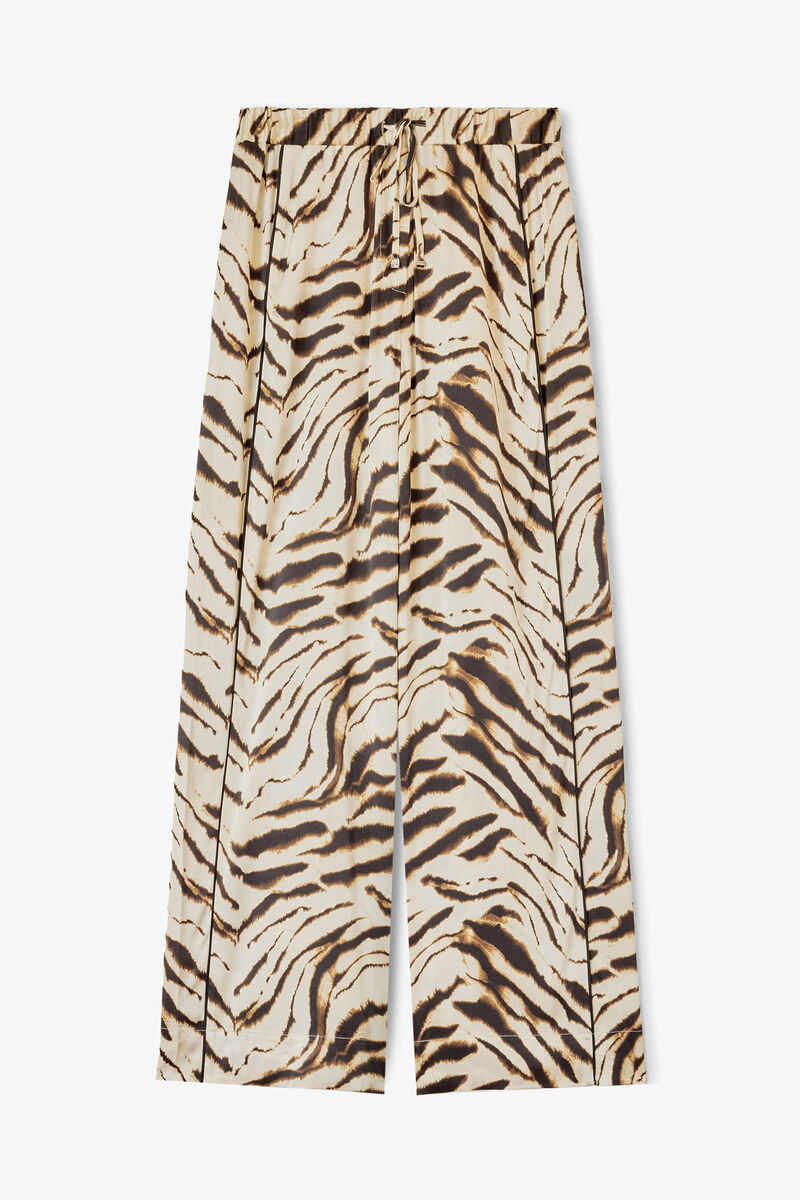 Trousers in Zebra Satin, Viscose, in colour Egret - 1 - GANNI