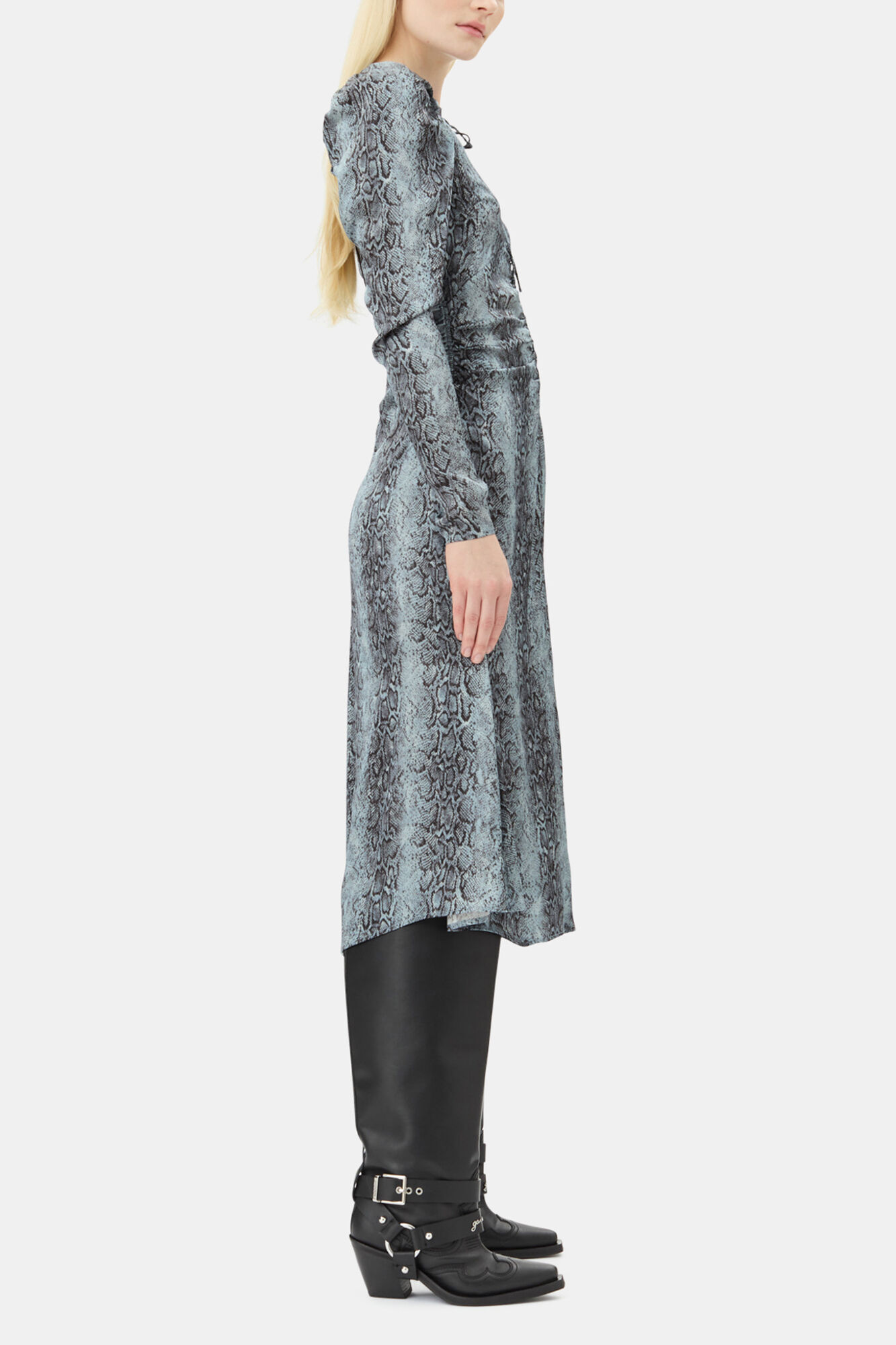 Blue Snake Print Ruched Midi Dress, Viscose, in colour Celestial Blue - 3 - GANNI