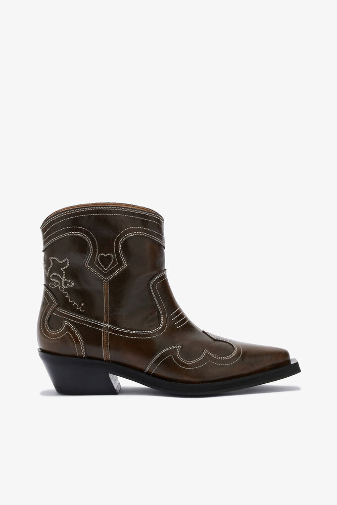 Low Shaft Embroidered Western Boots, Dark Olive