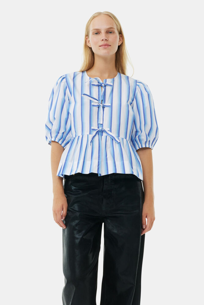 Blouse Blue Striped Cotton Poplin Peplum Tie, Silver Lake Blue