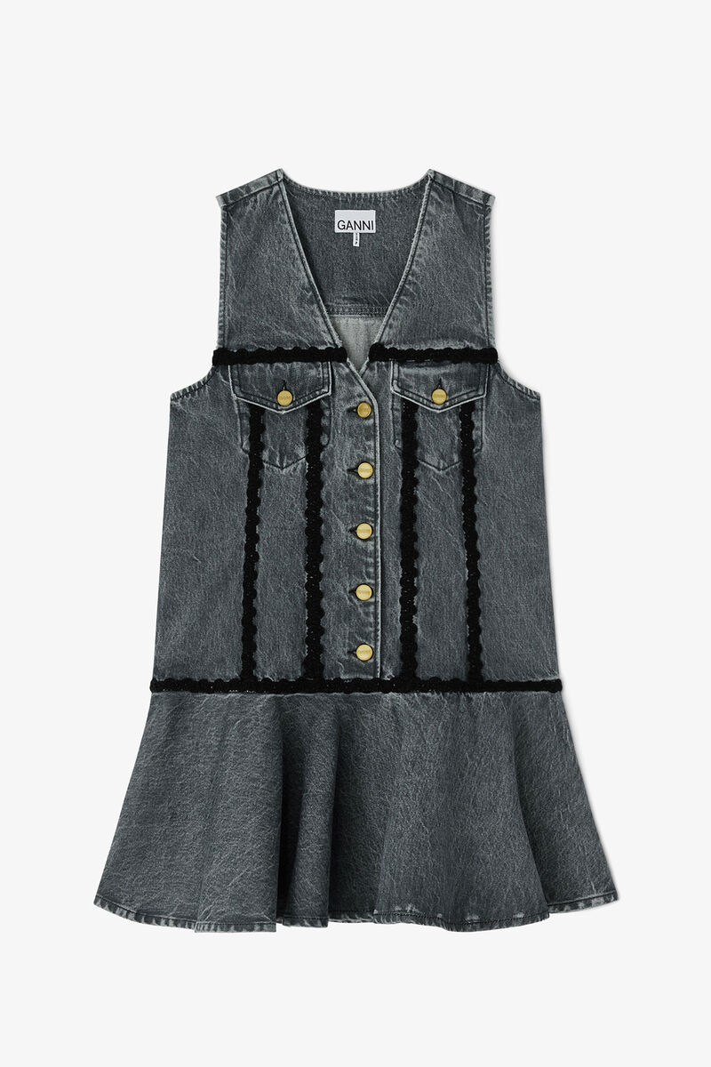 Dress in Rigid Denim, Organic Cotton, in colour Slate Grey - 1 - GANNI