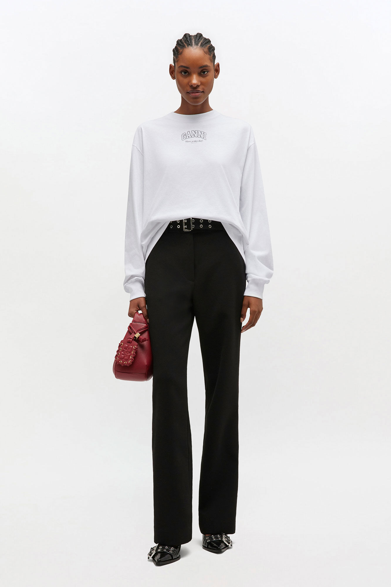 Essential Basic Long Sleeve, in colour Bright White - 2 - GANNI