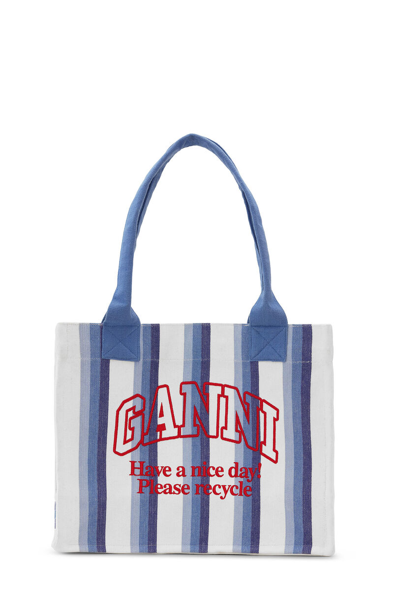 Blue Large Striped Canvas Tote väska, Recycled Cotton, in colour Dark Blue - 1 - GANNI