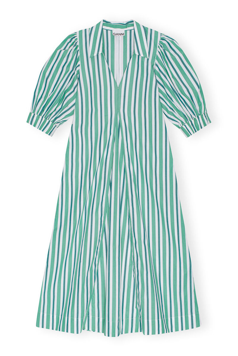 Robe Green Striped Collar Long, Cotton, in colour Creme de Menthe - 1 - GANNI