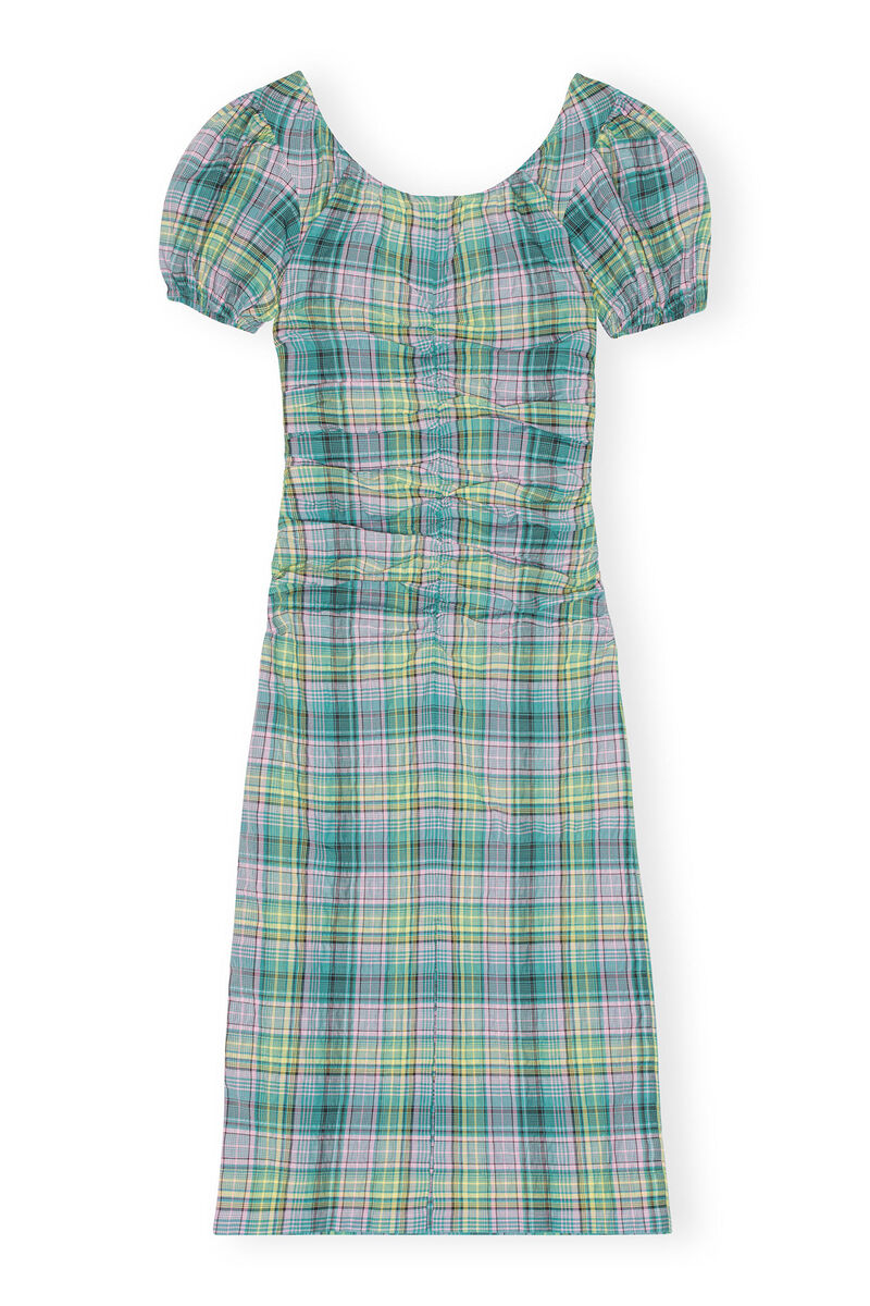 Seersucker Check Gathered U-neck Midi Dress, Organic Cotton, in colour Lagoon - 2 - GANNI