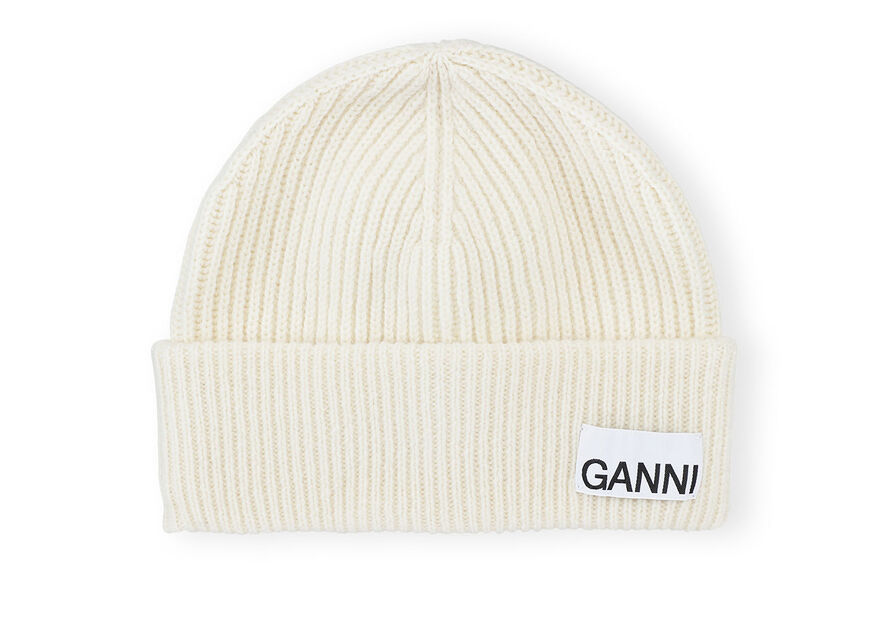 White Fitted Wool Rib Knit Beanie | GANNI UK