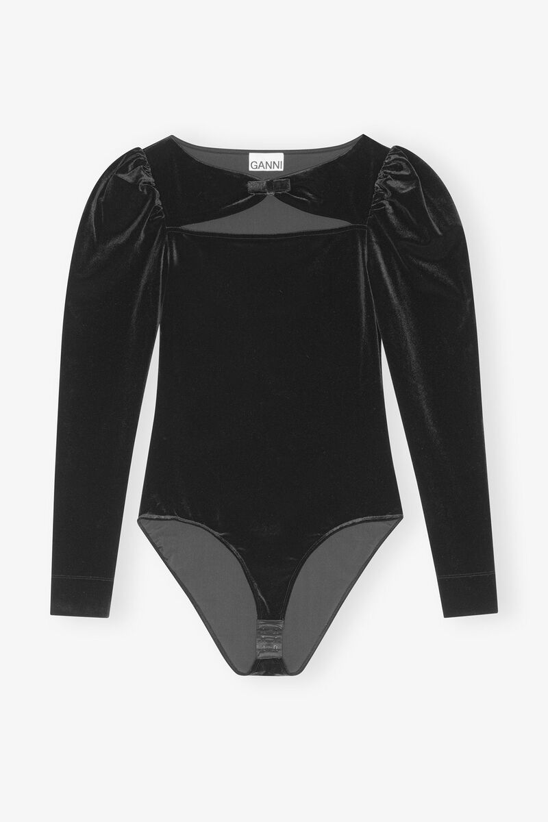 Black Velvet Jersey Bodystocking, Recycled Polyester, in colour Black - 3 - GANNI
