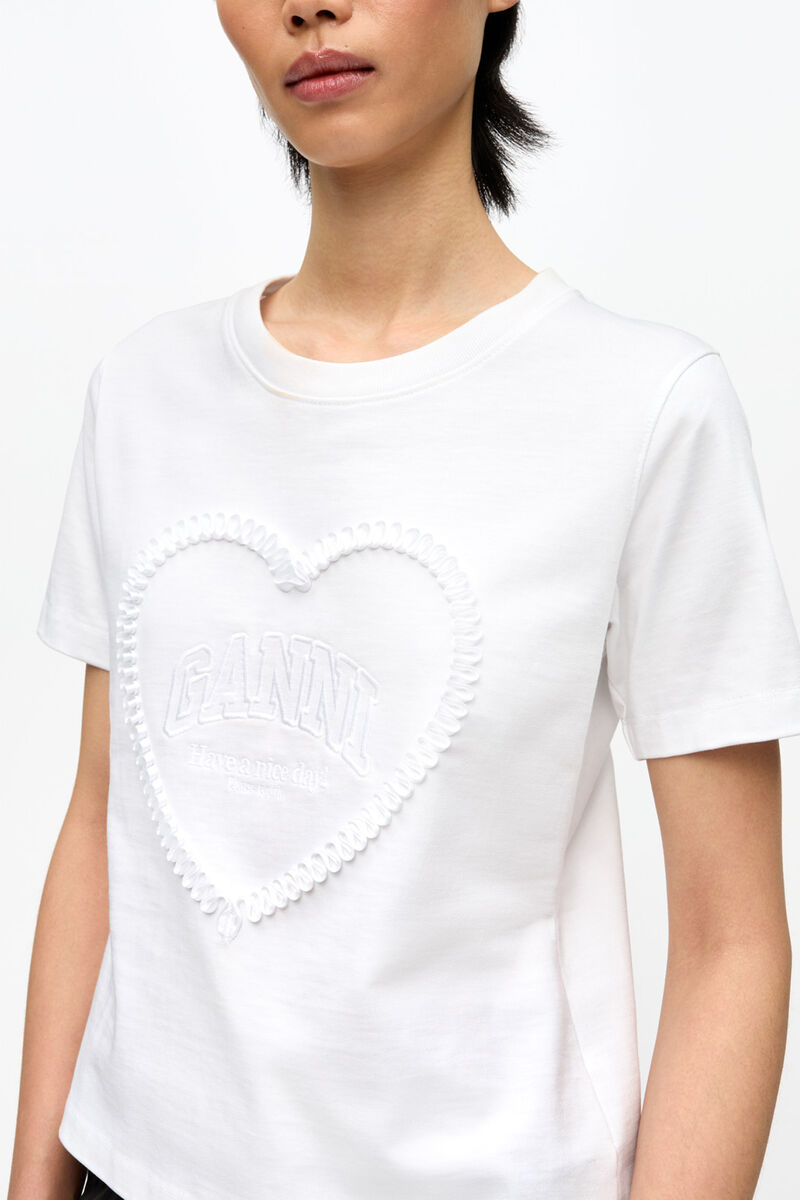 White Cropped Heart T-shirt, Organic Cotton, in colour Bright White - 4 - GANNI