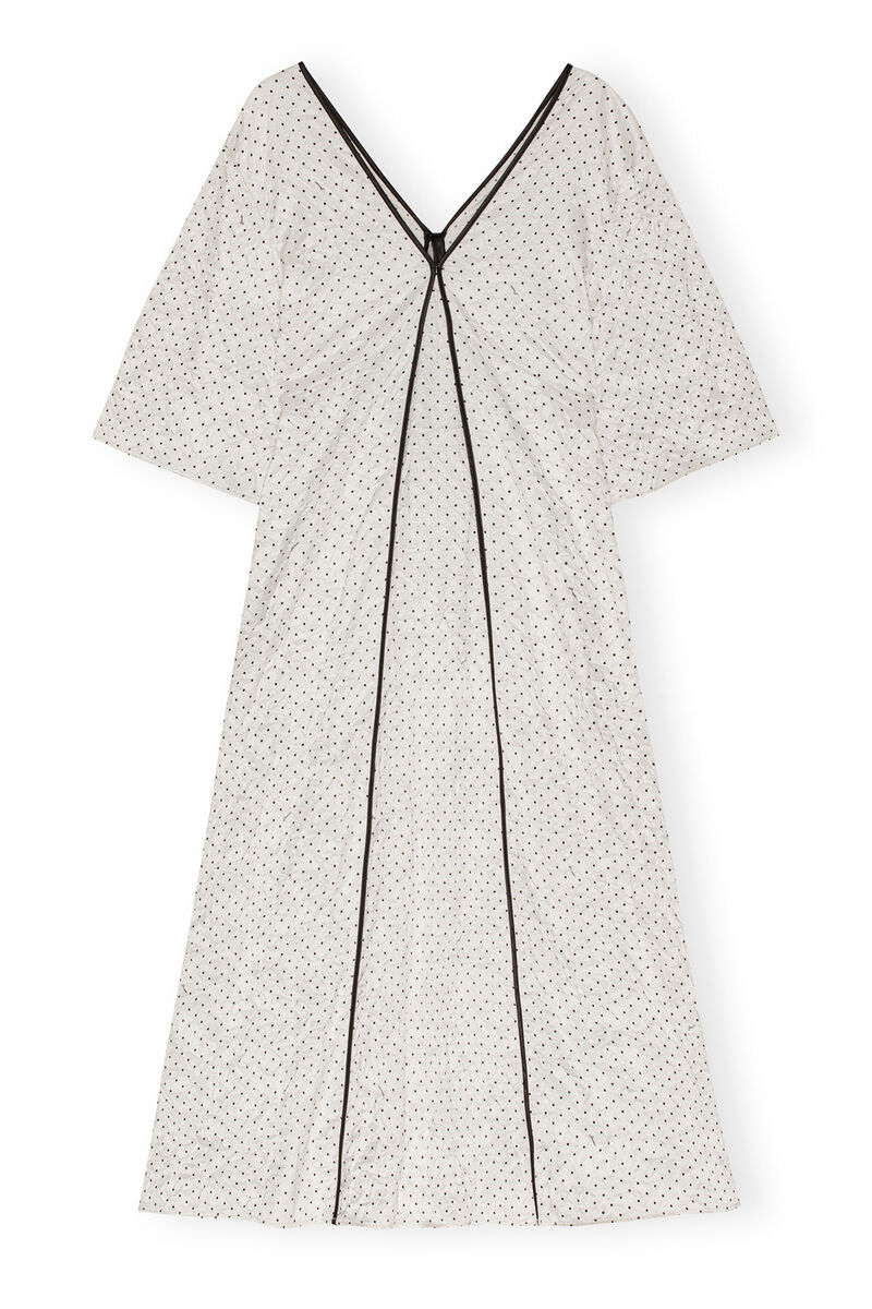 White Polka Dot Crinkled Satin V-neck Long Dress, Elastane, in colour Egret - 1 - GANNI