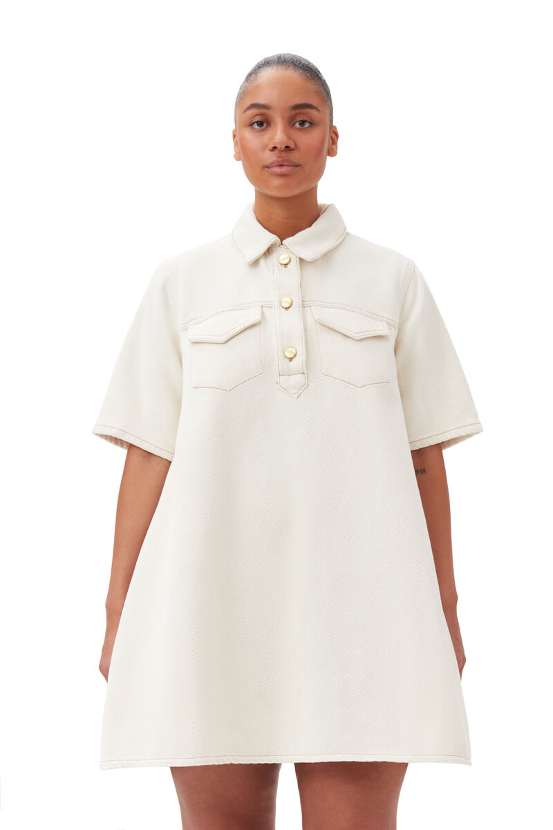 Weißes Mini-Kleid aus schwerem Denim, Cotton, in colour Egret - 6 - GANNI