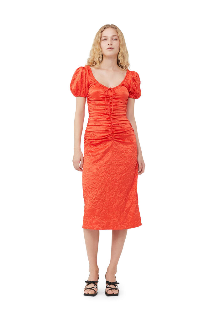 Red Crinkled Satin Midi Dress, Grenadine