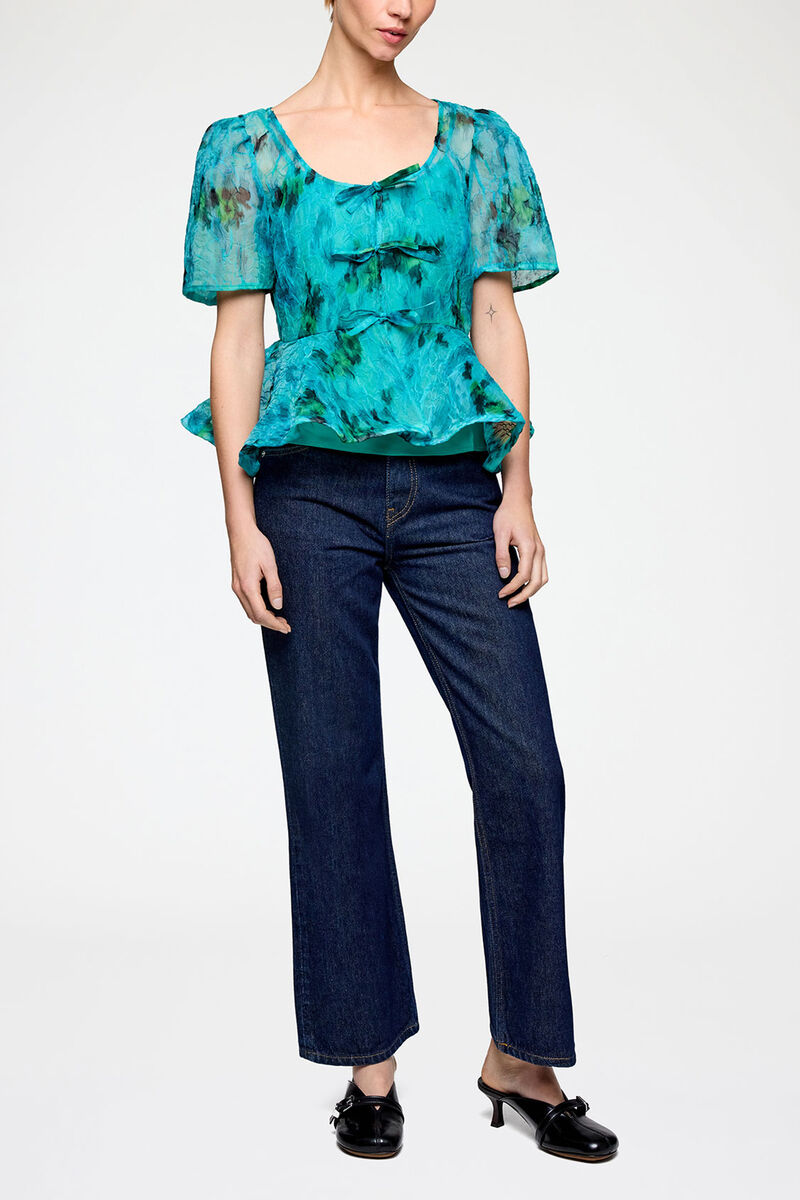 Peplum Blouse in Shibori Organza, Recycled Polyester, in colour Baltic - 1 - GANNI