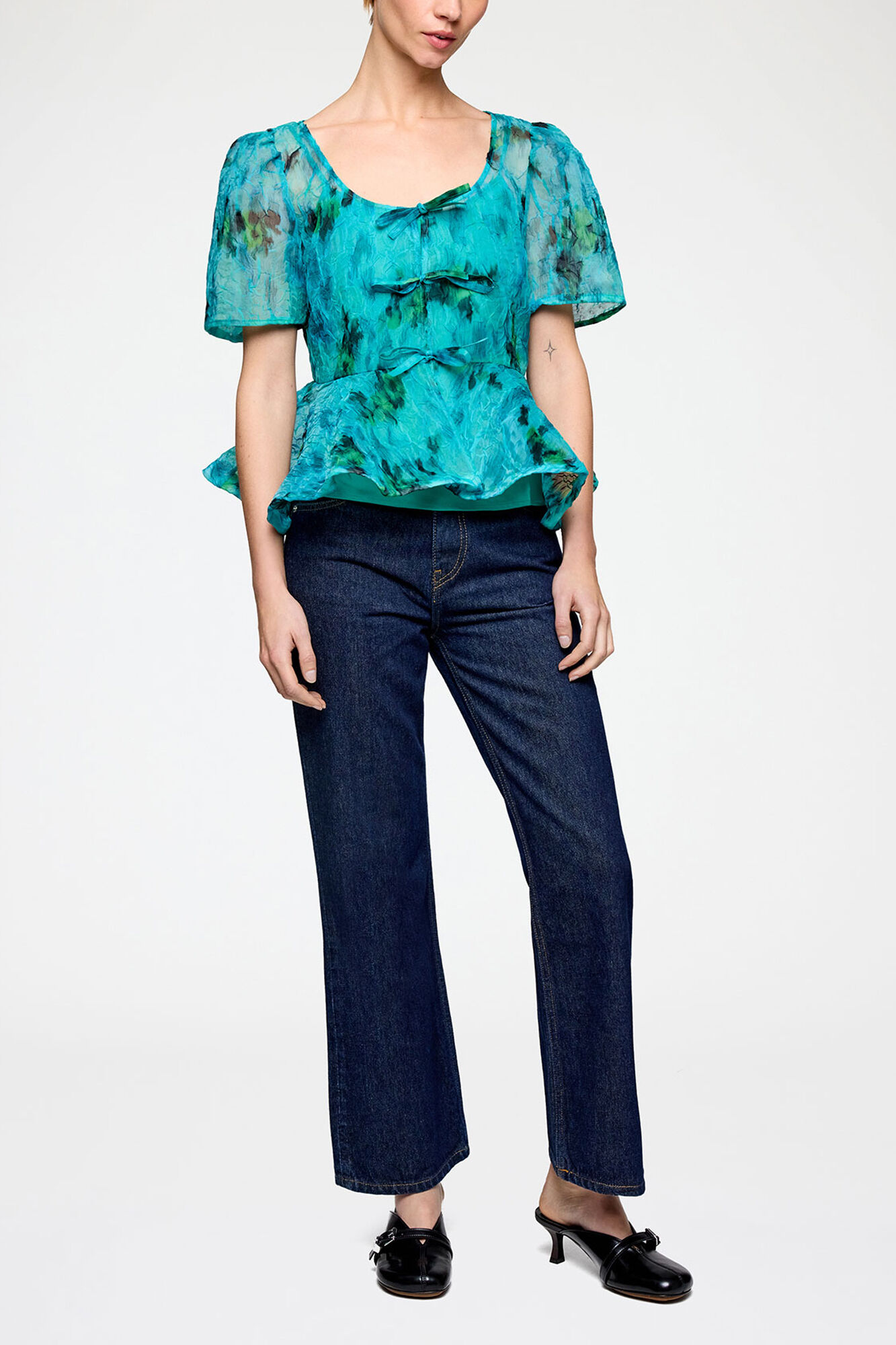 Peplum Blouse in Shibori Organza, Recycled Polyester, in colour Baltic - 1 - GANNI