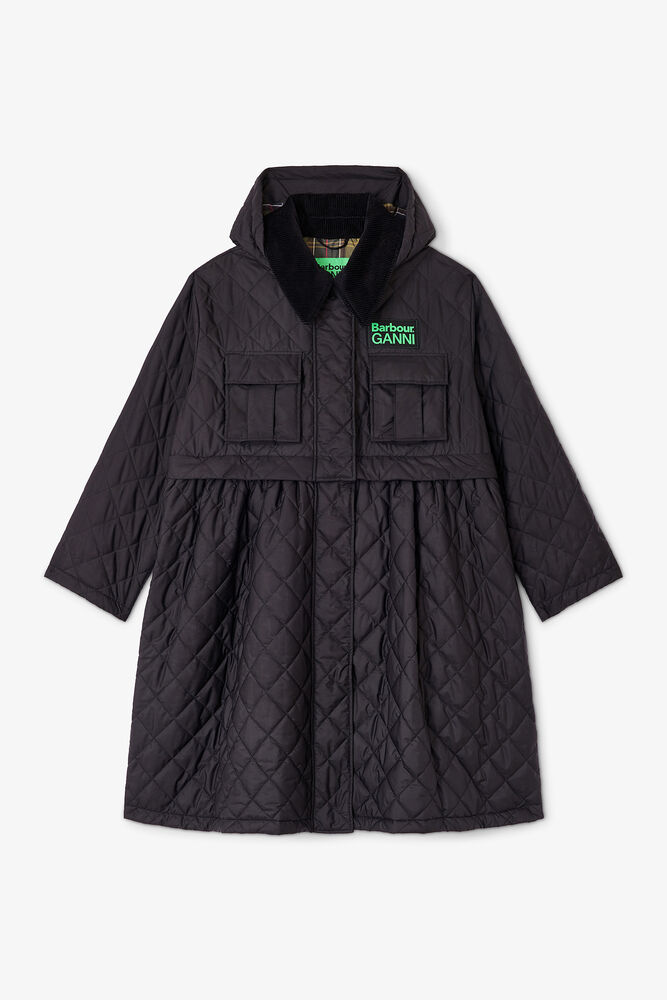 Quilted Long Coat in Black, Black