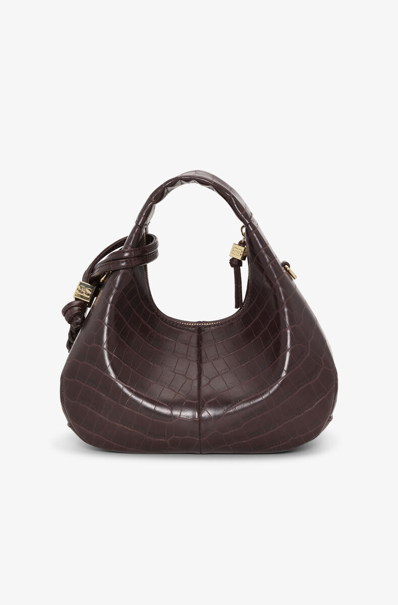 Braune Mini-Hobo-Tasche in Kroko-Optik, Lyocell, in colour Chocolate Fondant - 3 - GANNI