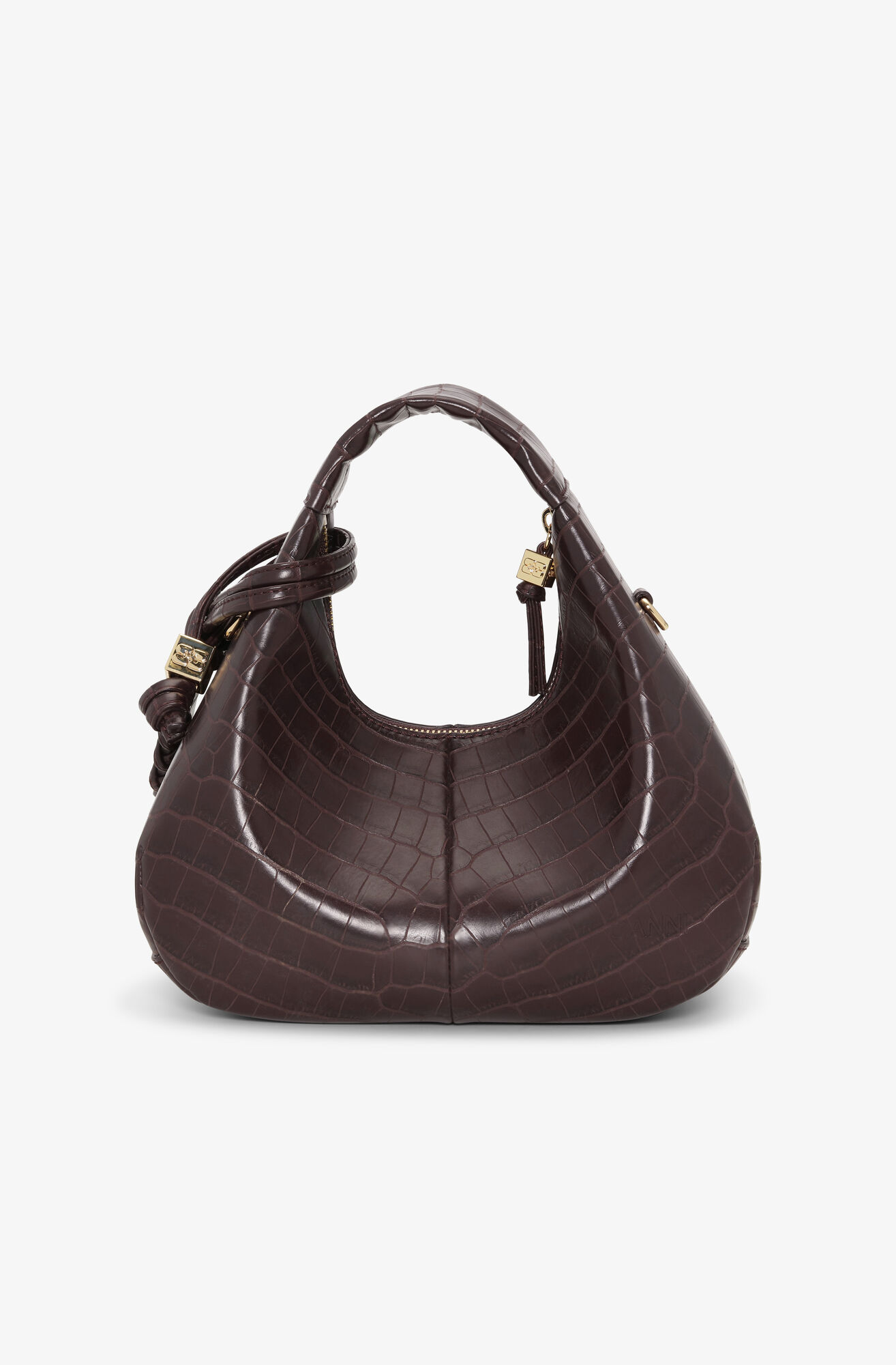 Braune Mini-Hobo-Tasche in Kroko-Optik, Lyocell, in colour Chocolate Fondant - 3 - GANNI