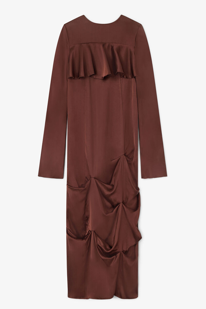 Brown Ruffle Dress, Viscose, in colour Chicory Coffee - 1 - GANNI