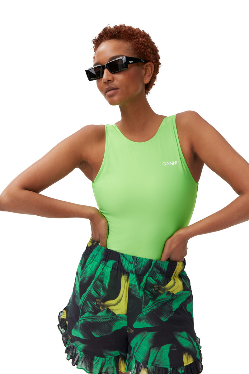 Ruffled Beach Shorts, Cotton, in colour Banana Tree Black - 3 - GANNI