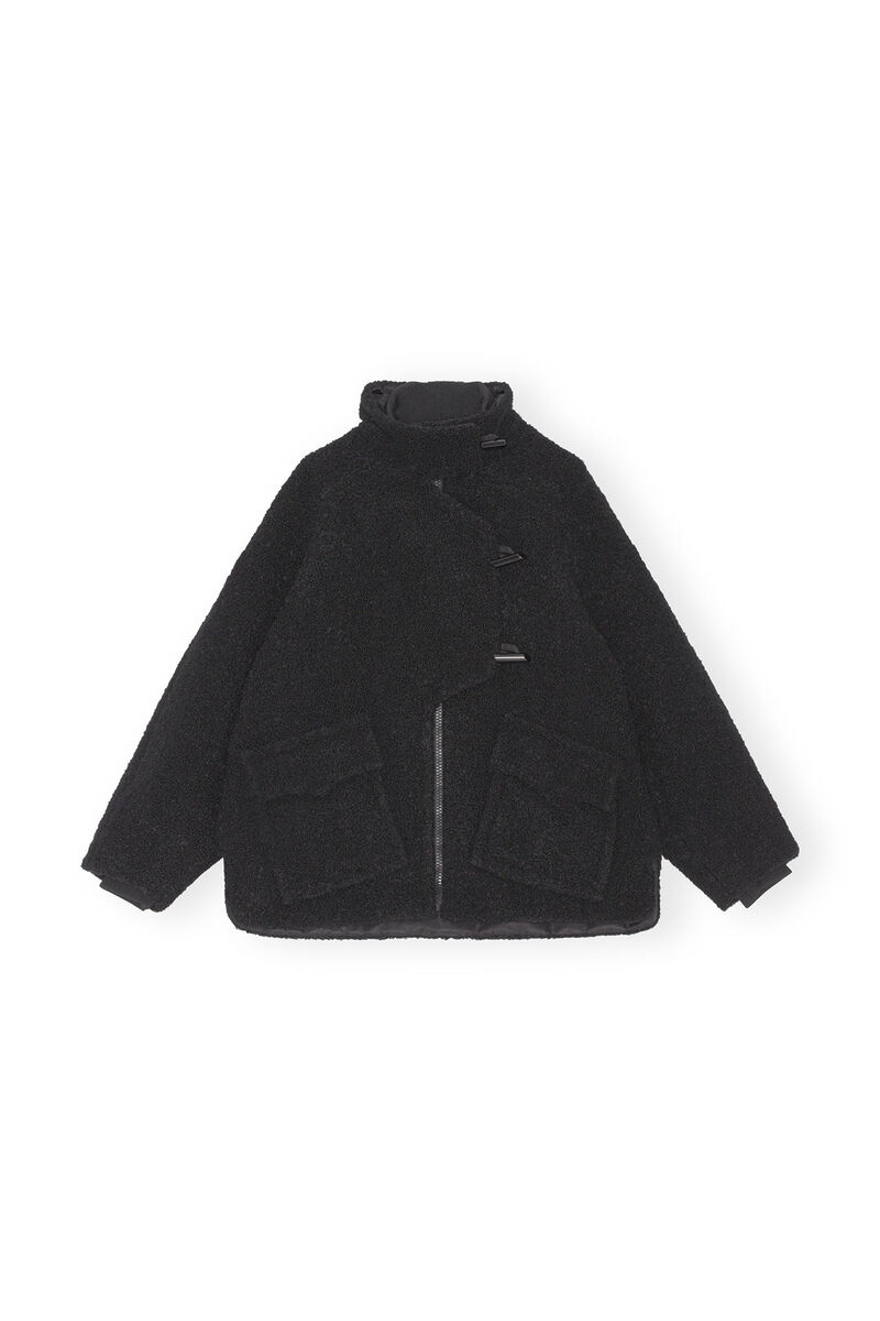 Boucle Wool Drop Shoulder Half Placket Jacket, Polyester, in colour Black - 1 - GANNI