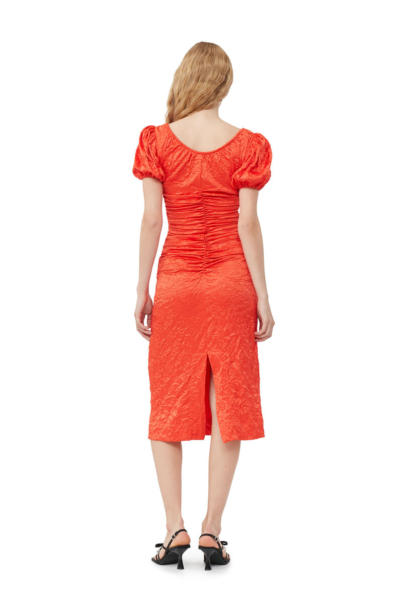Red Crinkled Satin Midi Dress, Elastane, in colour Grenadine - 3 - GANNI