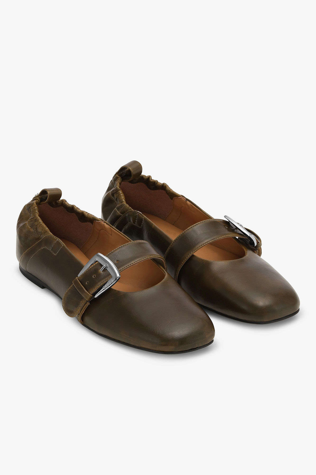 Ballerines à boucle vert olive foncé, Cotton, in colour Dark Olive - 2 - GANNI