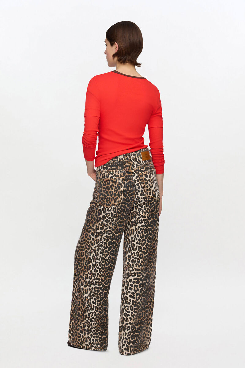 Lari Jeans in Leopard Print, Organic Cotton, in colour Almond Milk - 2 - GANNI