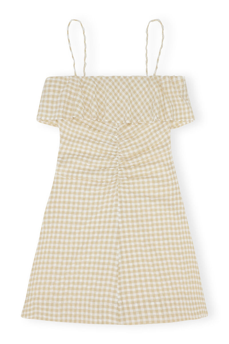 Stretch Seersucker Strap Mini Dress, Elastane, in colour Pale Khaki - 1 - GANNI