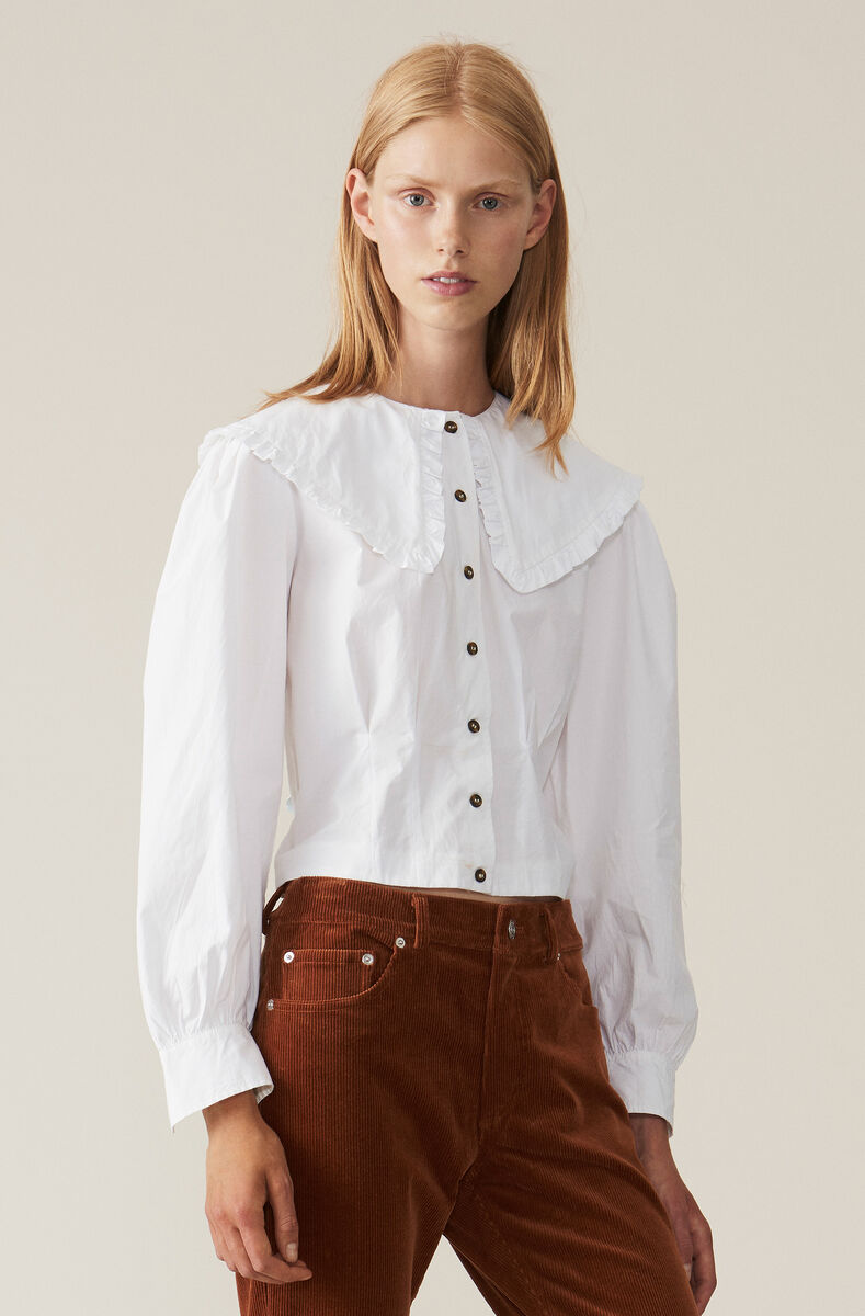 Plain Cotton Poplin Cropped Hemd, Cotton, in colour Bright White - 1 - GANNI
