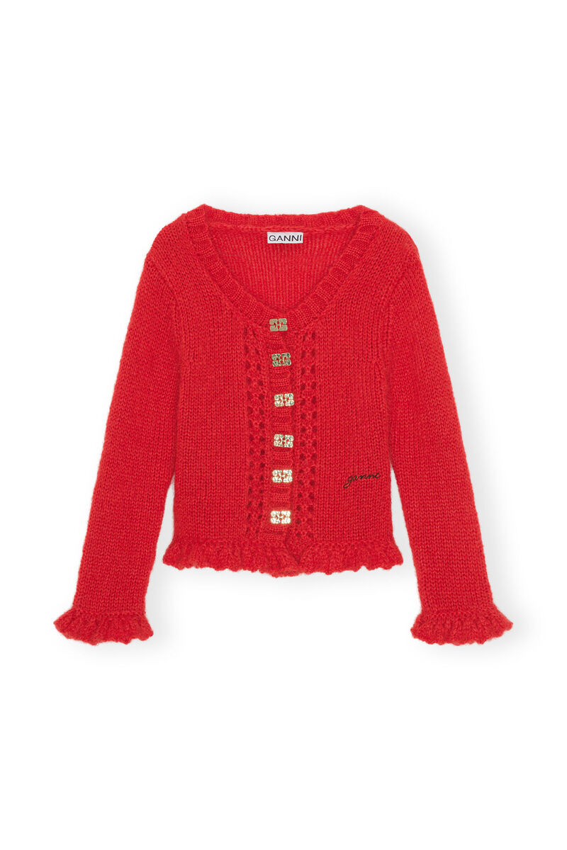 Red Mohair Cardigan, Merino Wool, in colour Racing Red - 1 - GANNI