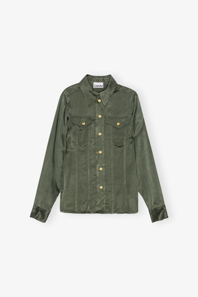 Green Washed Satin Shirt, Climbing Ivy