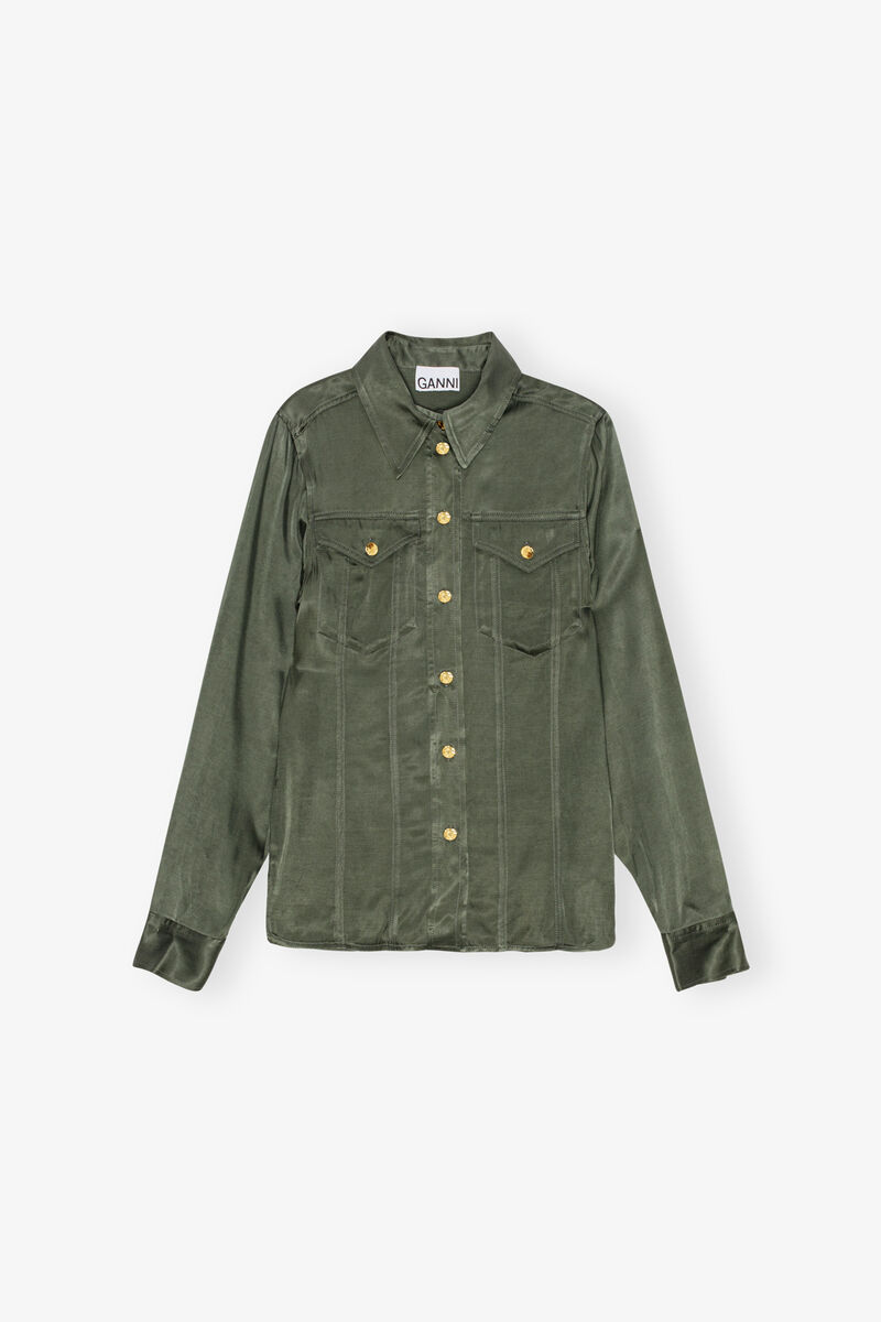 Green Washed Satin Shirt, Cupro, in colour Climbing Ivy - 1 - GANNI