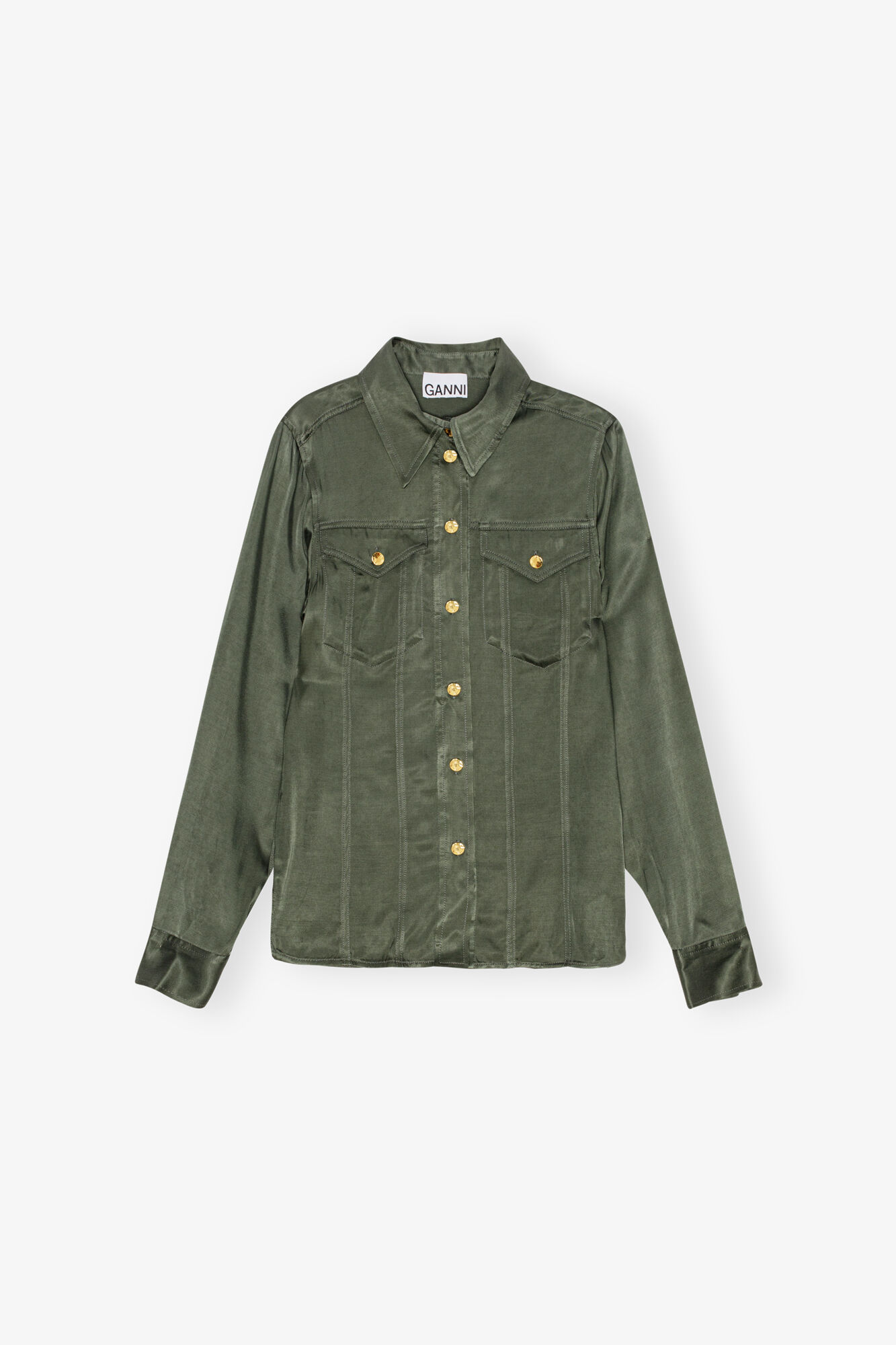 Green Washed Satin Hemd, Cupro, in colour Climbing Ivy - 1 - GANNI