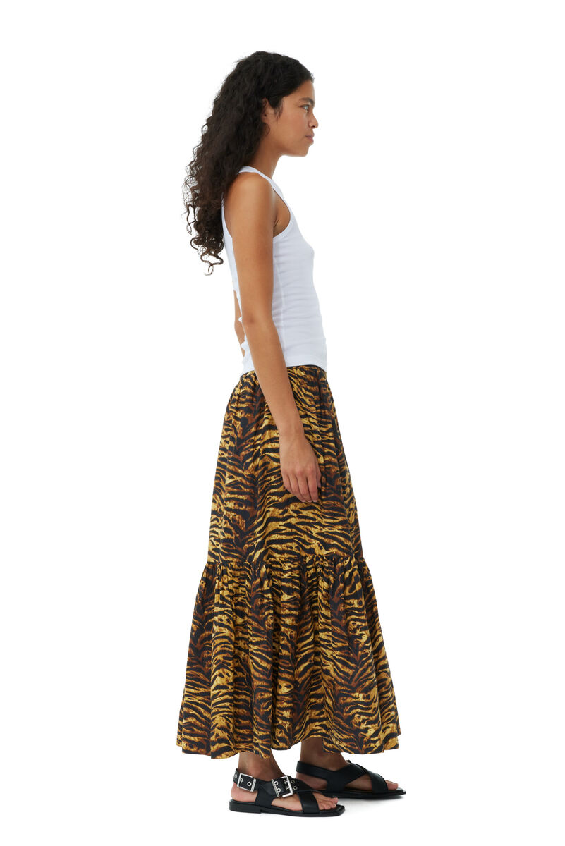 Animal Printed Cotton Maxi Flounce Skirt, Cotton, in colour Ochre - 2 - GANNI