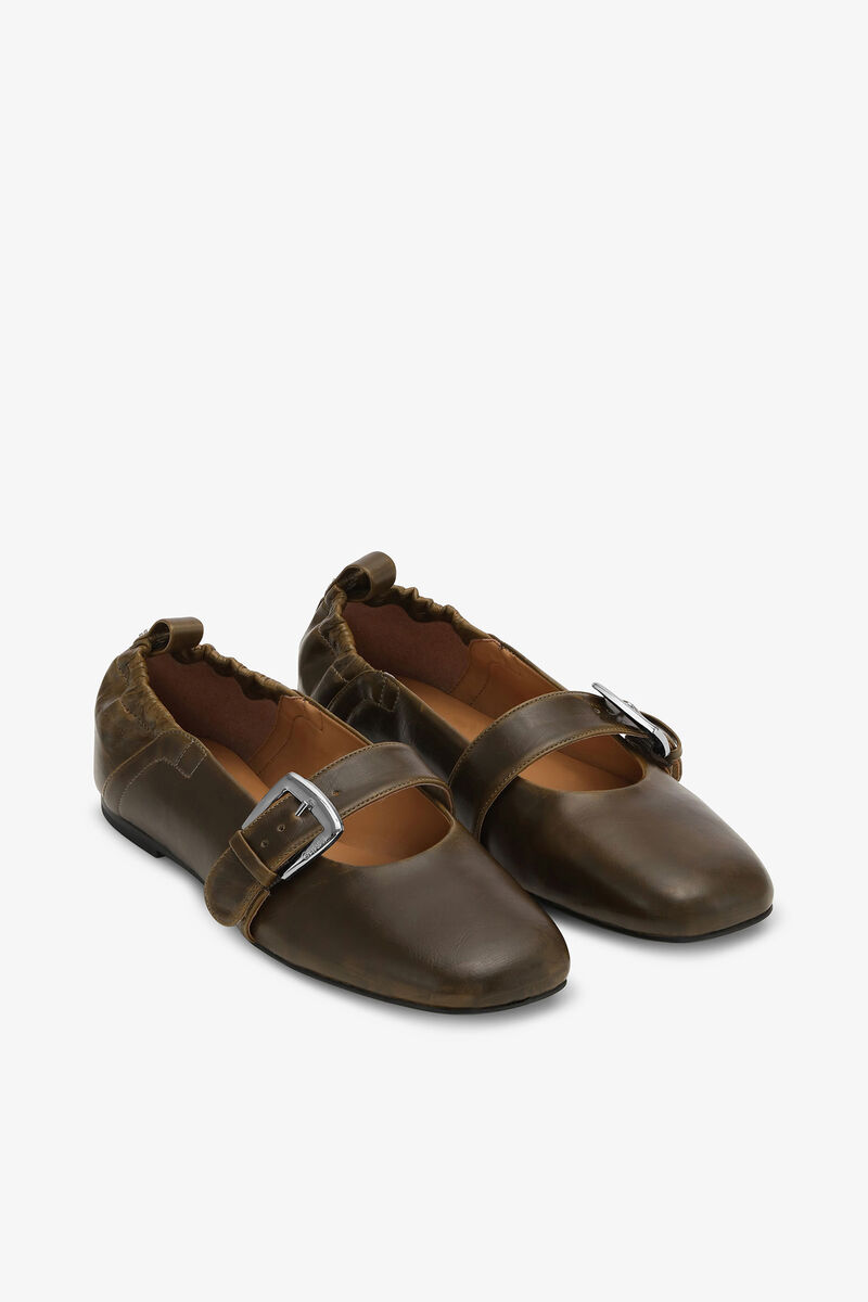 Buckle Strap Ballerinas in Dark-Olive, Oleatex&trade;, in colour Dark Olive - 2 - GANNI