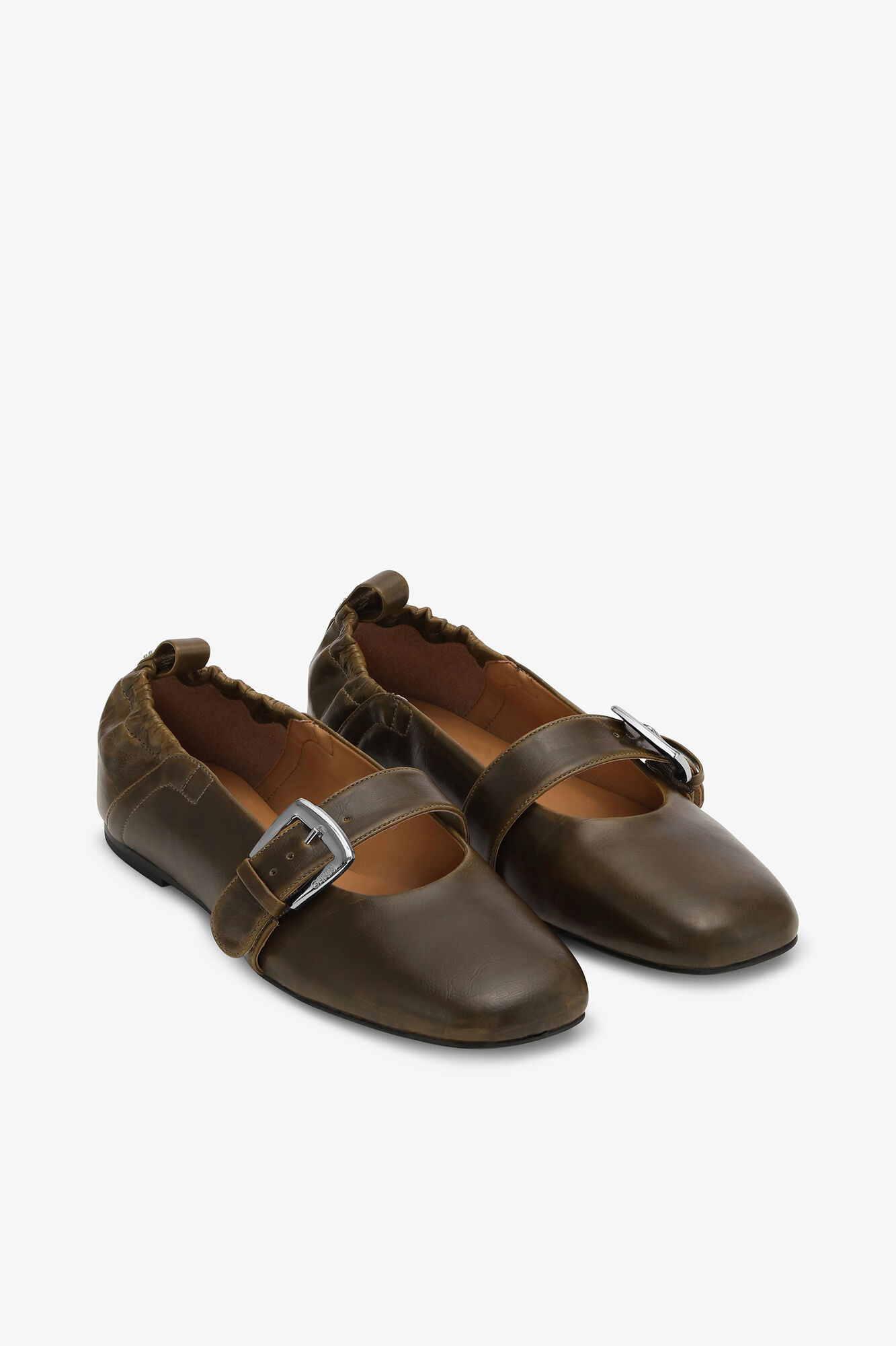Buckle Strap Ballerinas in Dark-Olive, Oleatex&trade;, in colour Dark Olive - 2 - GANNI