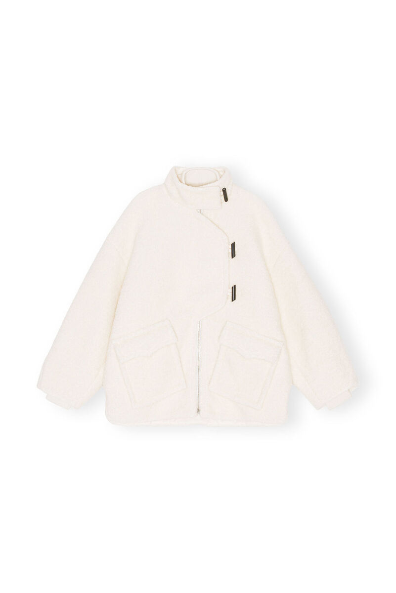 White Boucle Wool Shoulder Jacket, Polyester, in colour Egret - 1 - GANNI