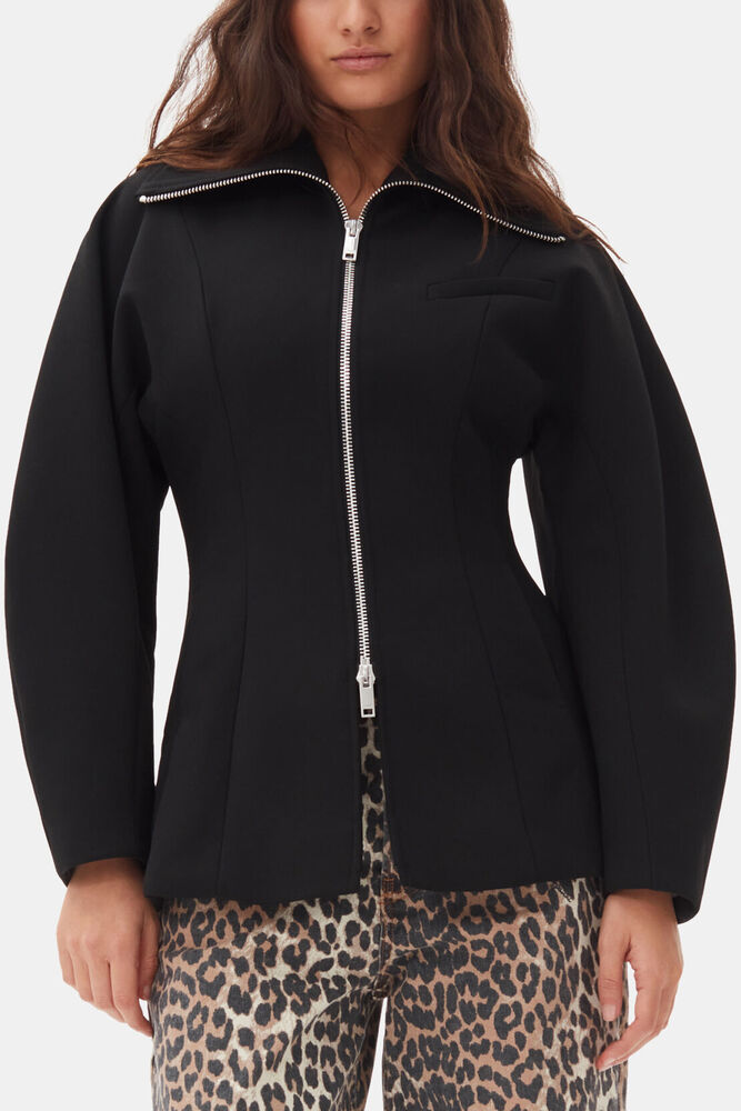 Black Bonded Crepe Curve Sleeve Jacket, Black