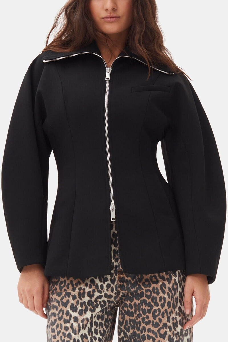 Black Bonded Crepe Curve Sleeve Jacket, Recycled Polyester, in colour Black - 1 - GANNI