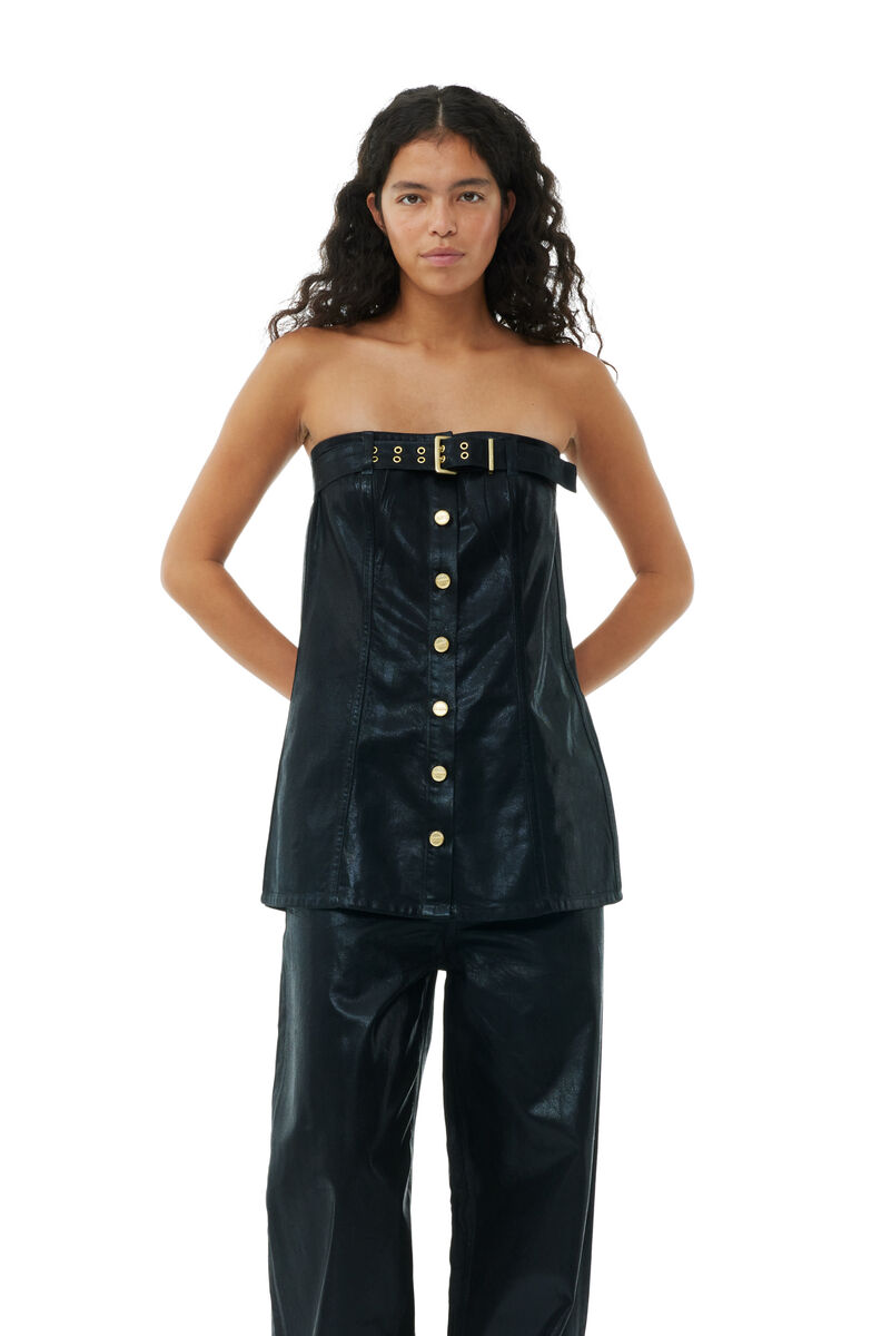 Corset Black Foil Denim, Cotton, in colour Black - 1 - GANNI