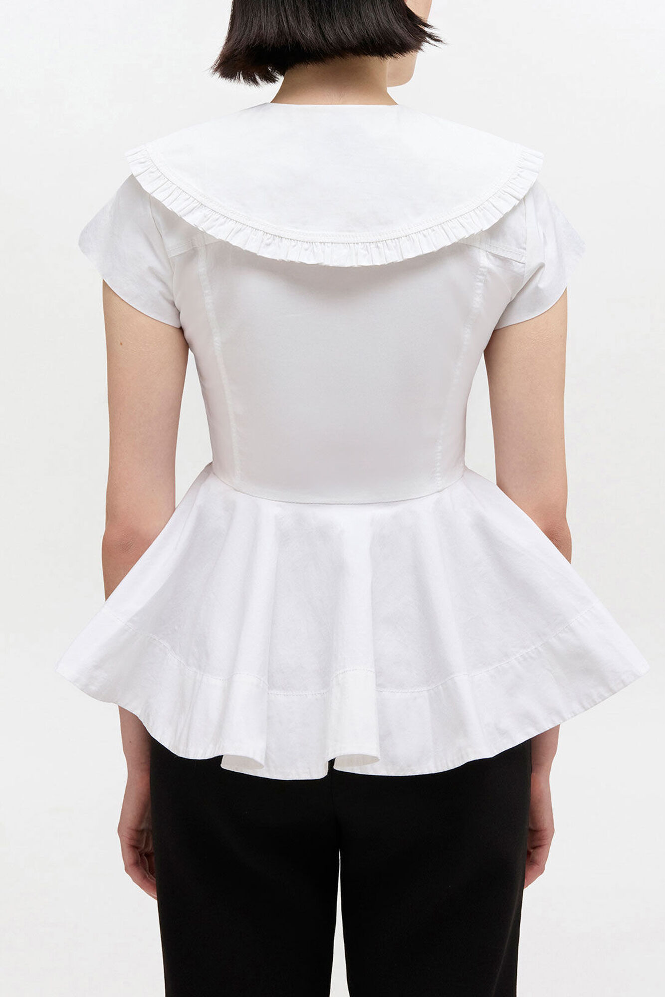 【極美品】GANNI 32 フリル襟 ラッフルカラー デニムジャケット Bright White ショート丈 コットン ラッフルシャツ | GANNI (Global)