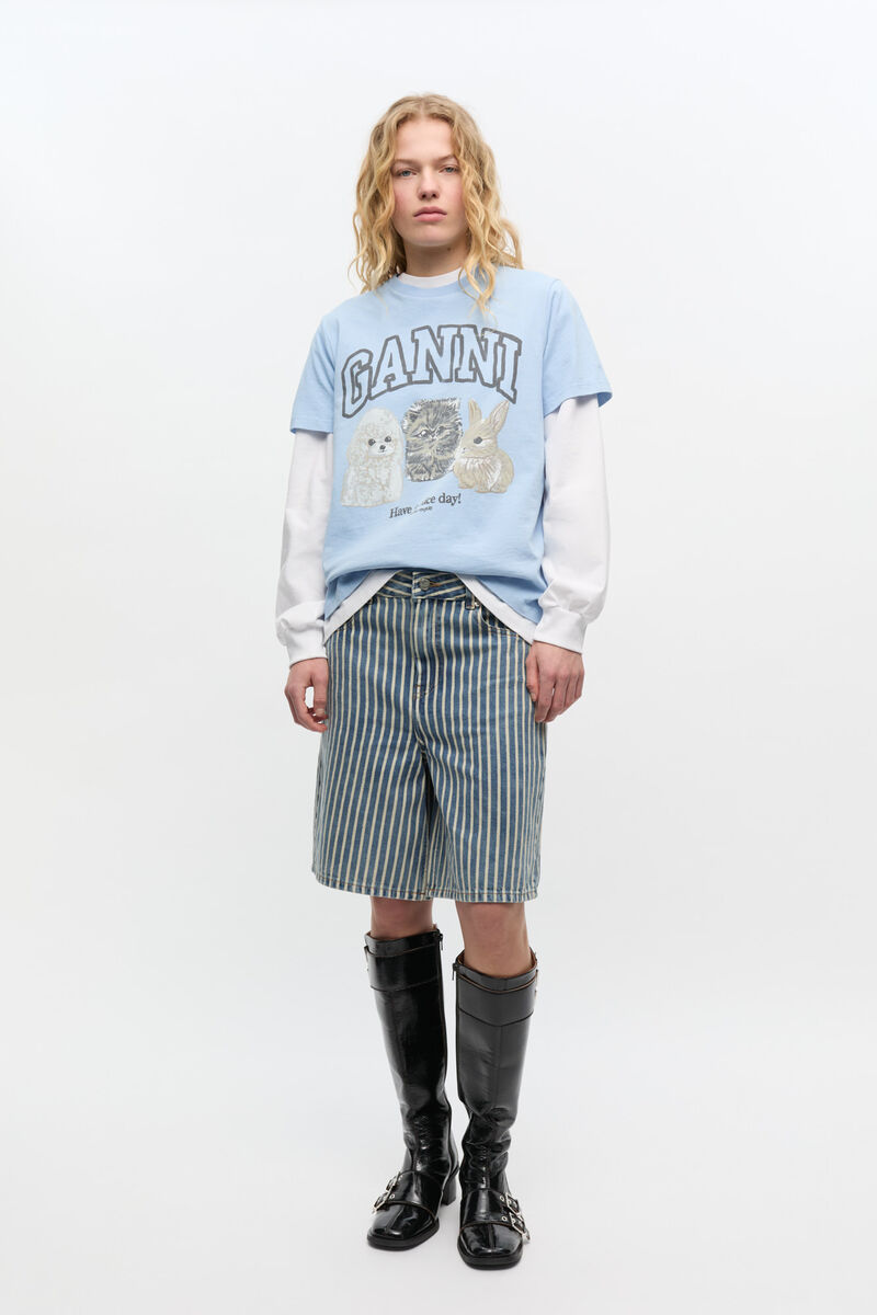Short rayé en jean, Cotton, in colour Soft Chambray - 1 - GANNI