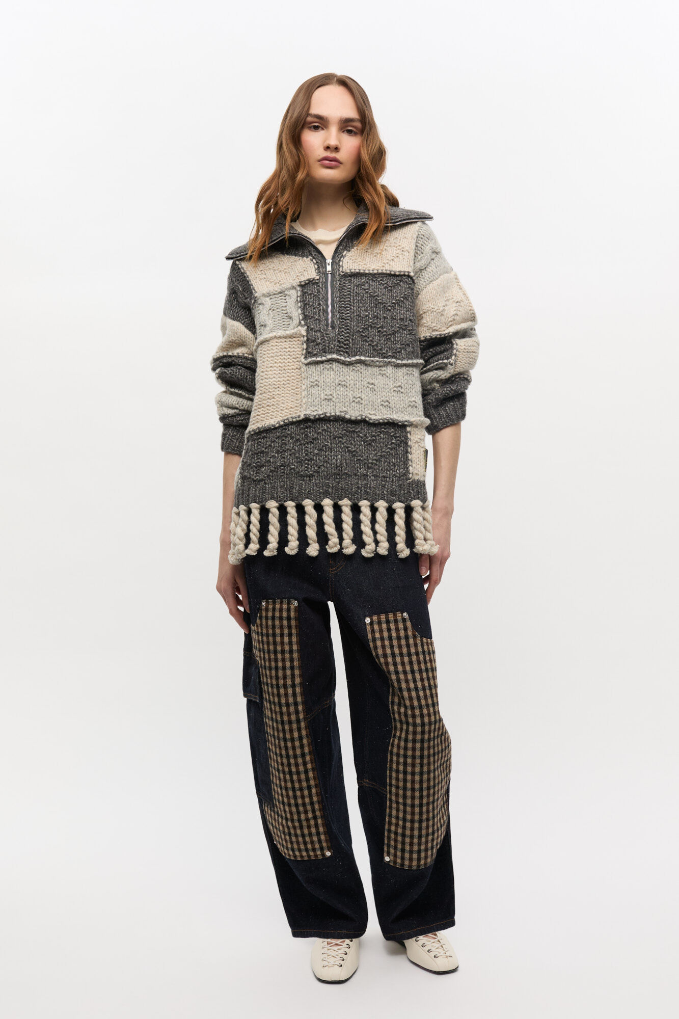 Patchwork Fringe Sweater, Cotton, in colour Multicolour - 2 - GANNI