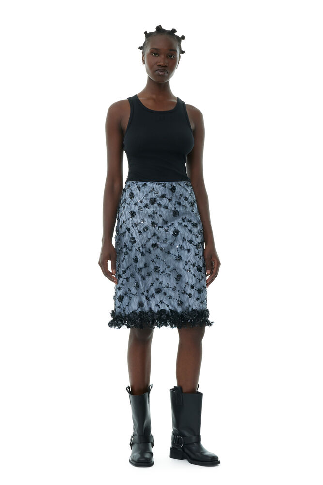 GANNI Blue Sequin Lace Skirt,Heather