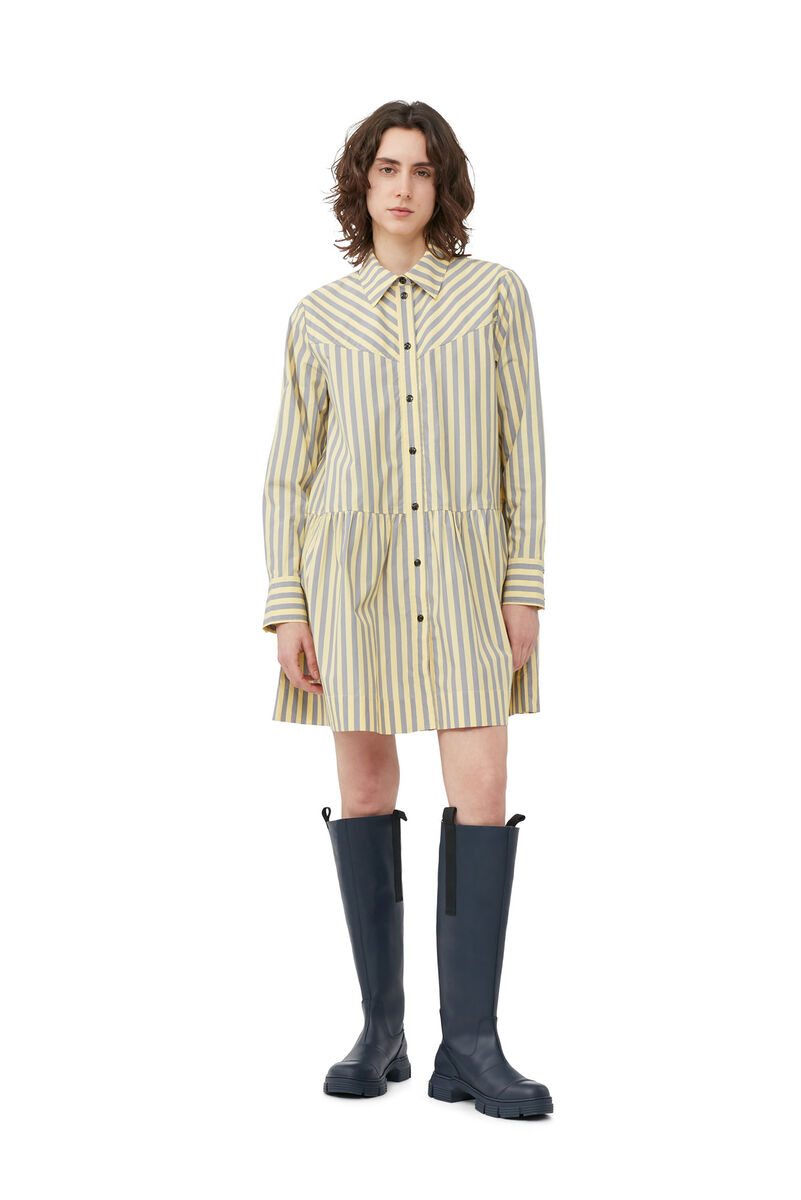 Striped Cotton Mini Shirt Dress, Cotton, in colour Frost Gray - 1 - GANNI