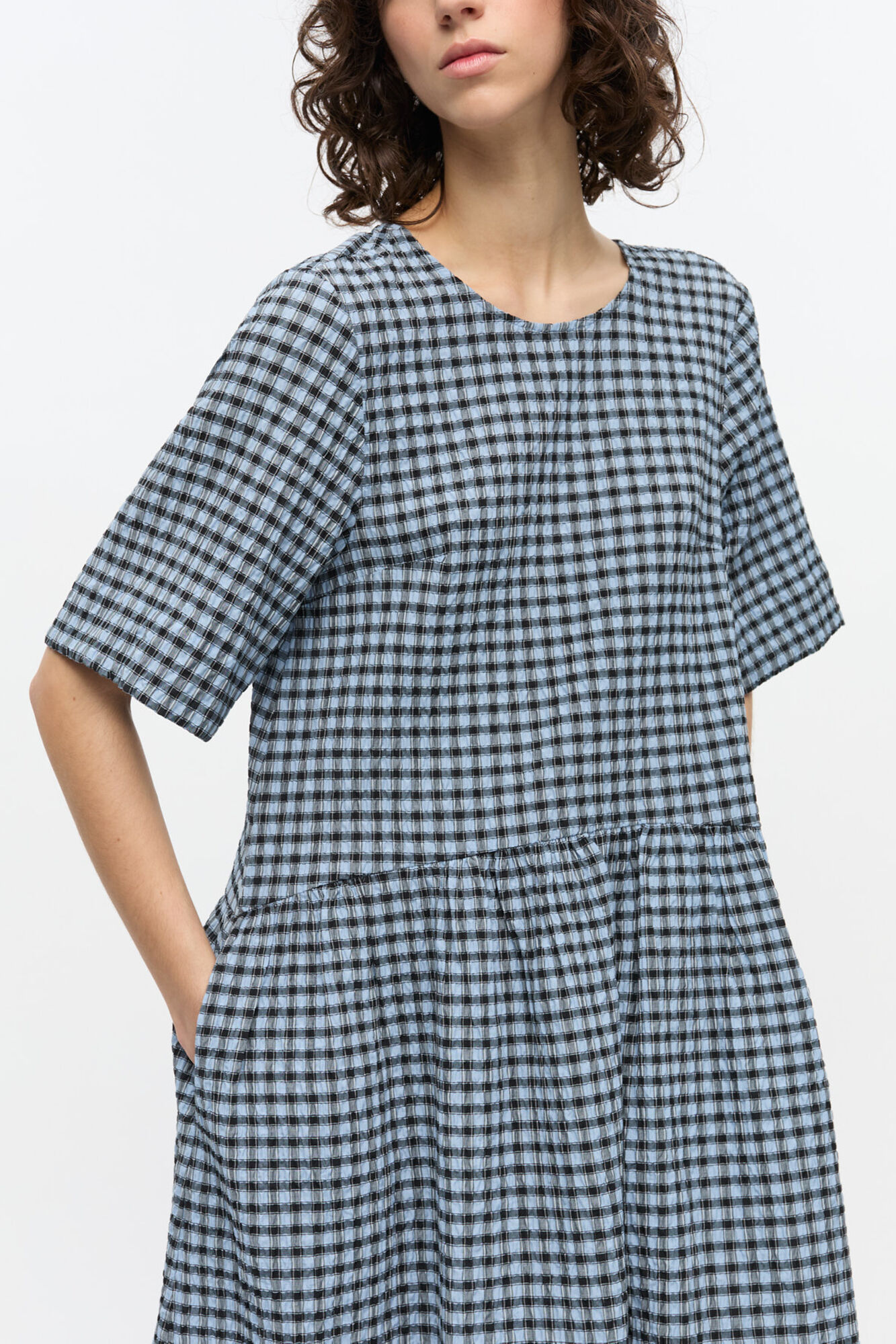 Blue Seersucker Check Midi Dress, Organic Cotton, in colour Soft Chambray - 3 - GANNI