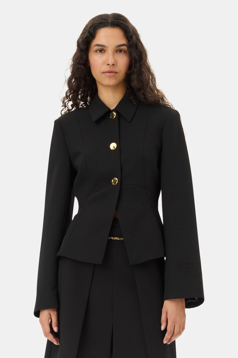 Black Light Twill Suiting Blazer, Recycled Polyester, in colour Black - 1 - GANNI
