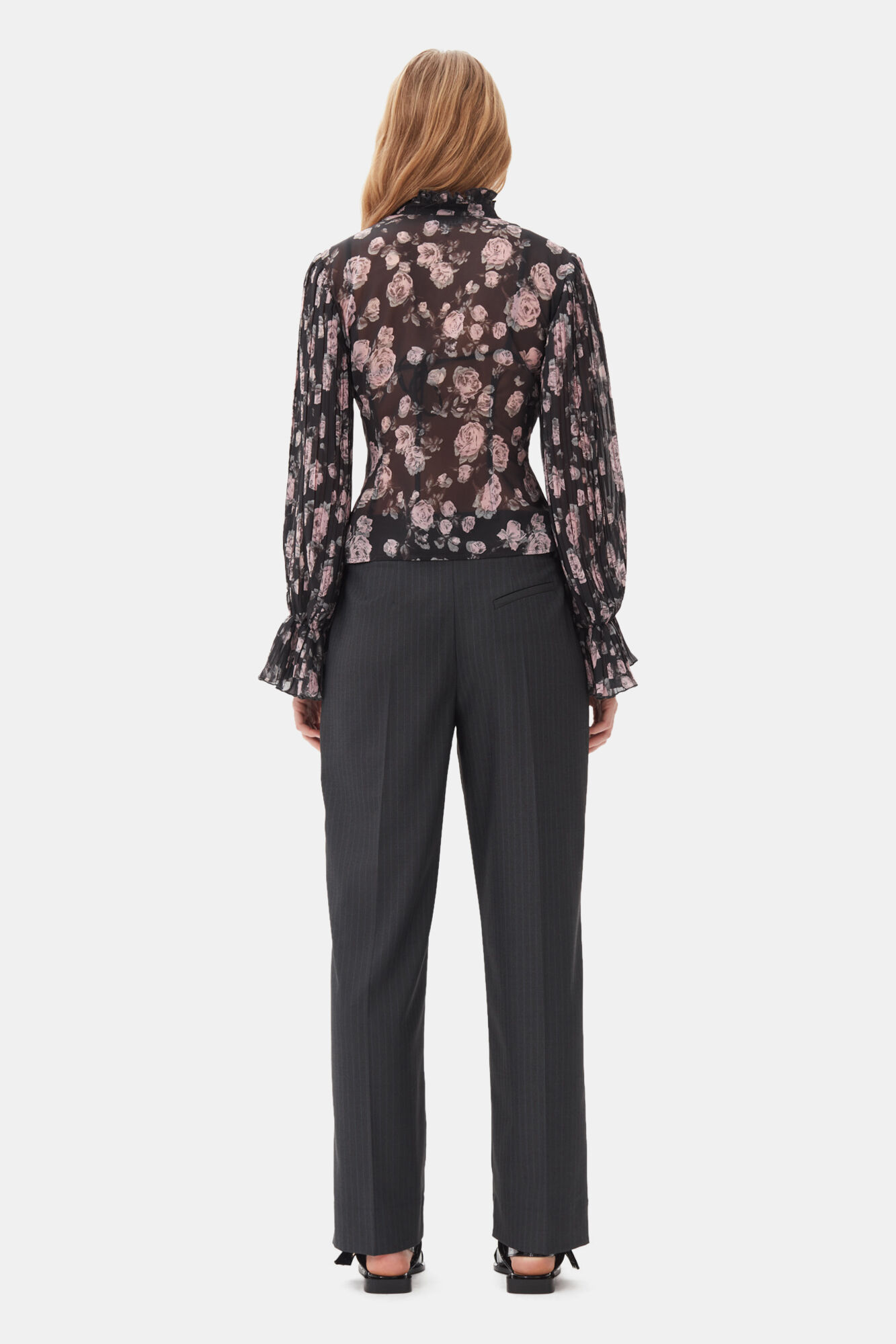 Floral Printed Pleated Georgette Blouse, Recycled Polyester, in colour Phantom - 4 - GANNI
