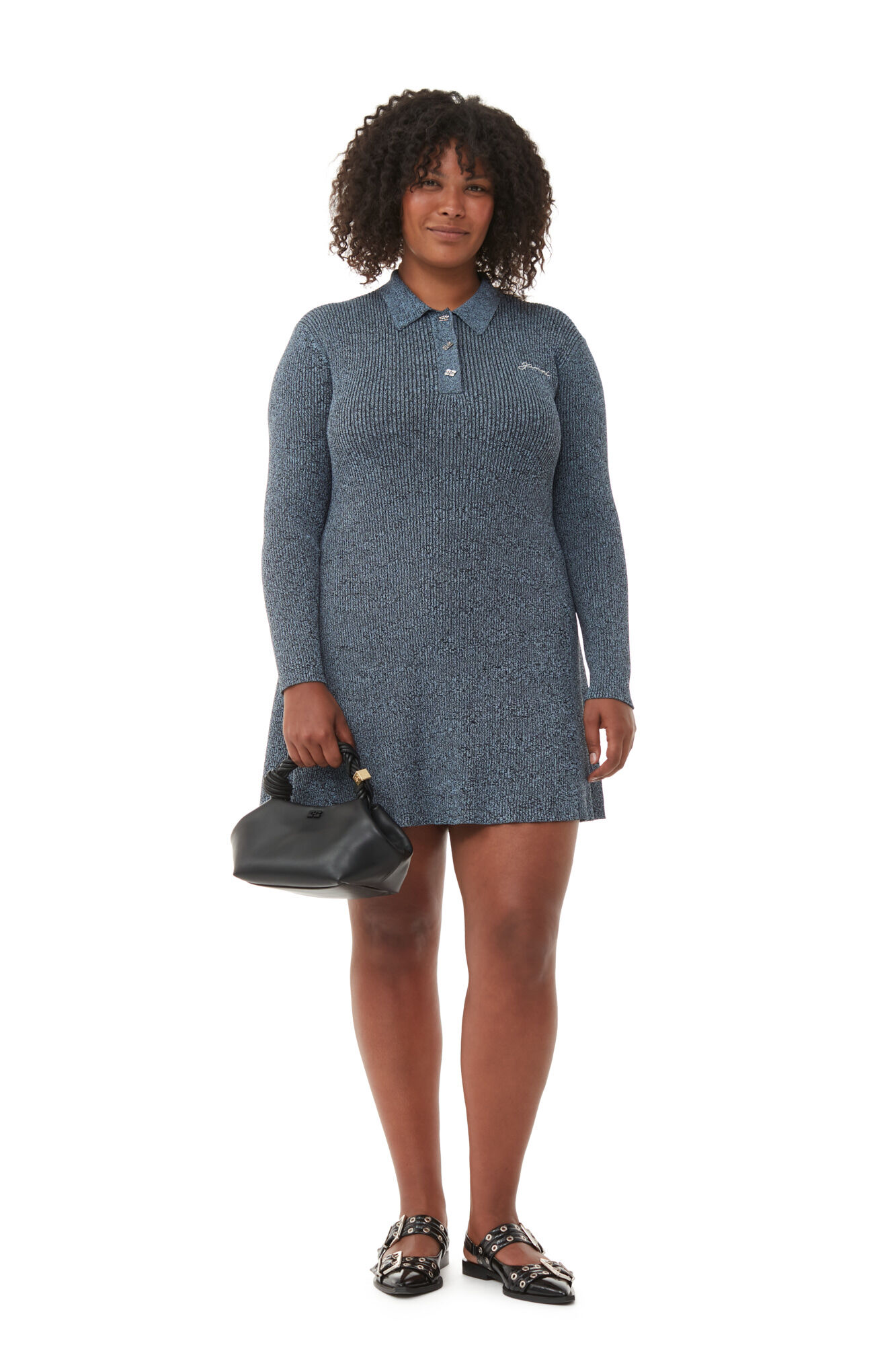 Blue Melange Knit Mini Dress, Elastane, in colour Silver Lake Blue - 5 - GANNI